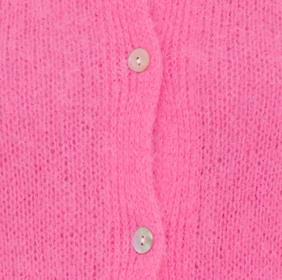 Stickad kofta med volangdetalj ~ rosa