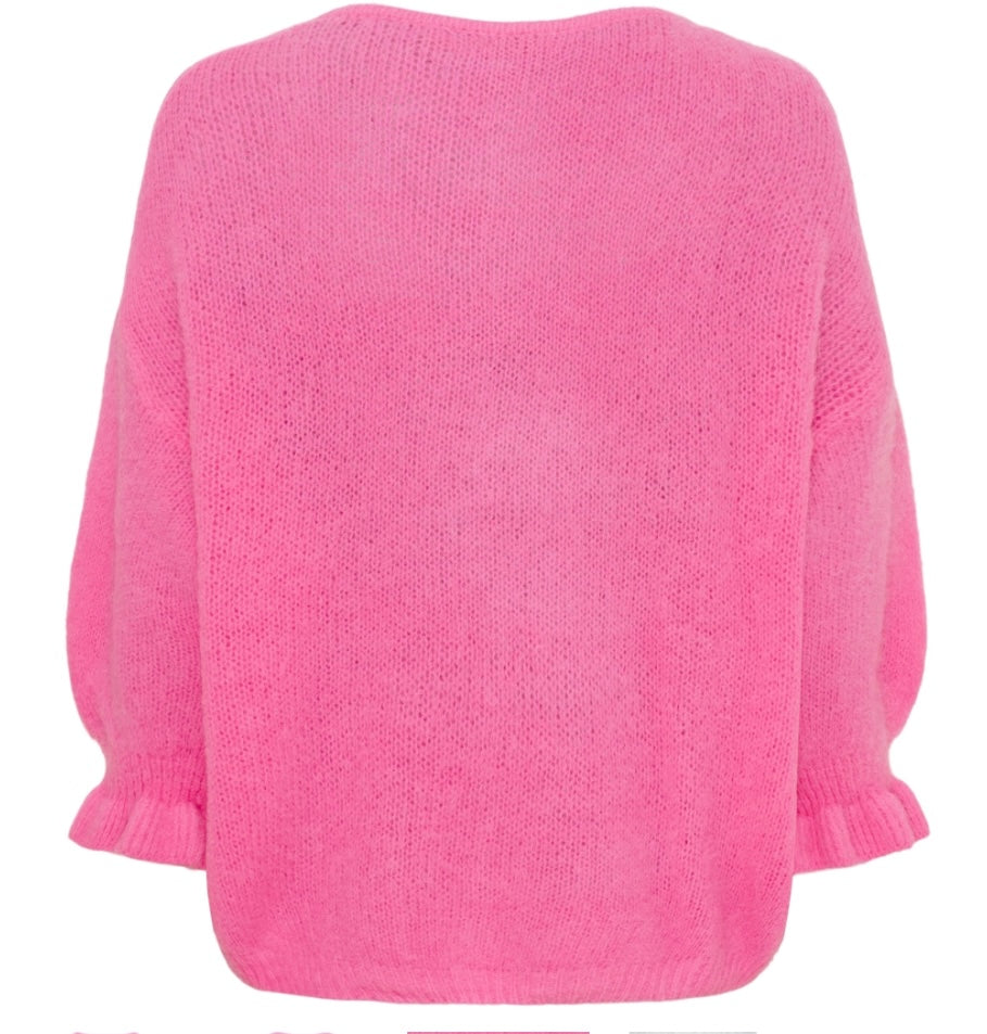 Stickad kofta med volangdetalj ~ rosa